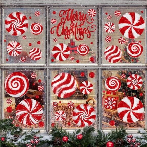 8 Sheets Christmas Window Clings, Oil Painting Christmas Red Candy Stickers - Picture 6 of 8